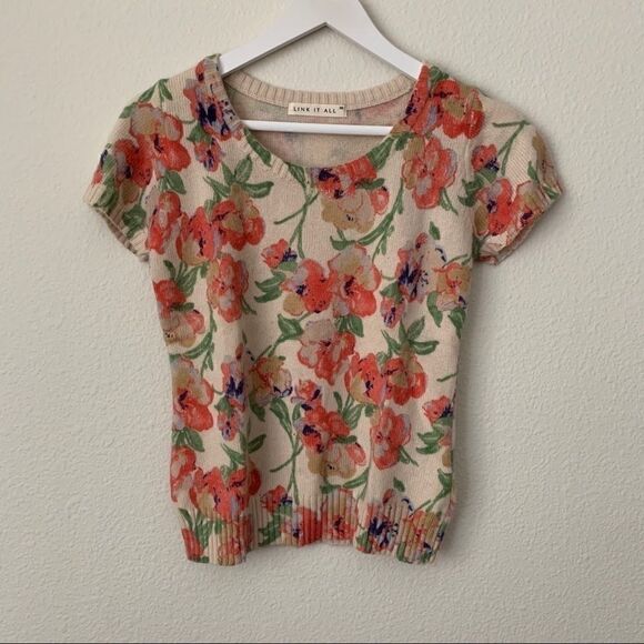 Women's Cashmere Multicolor Floral Short Sleeve Sweater Top Sz XS - Picture 2 of 6